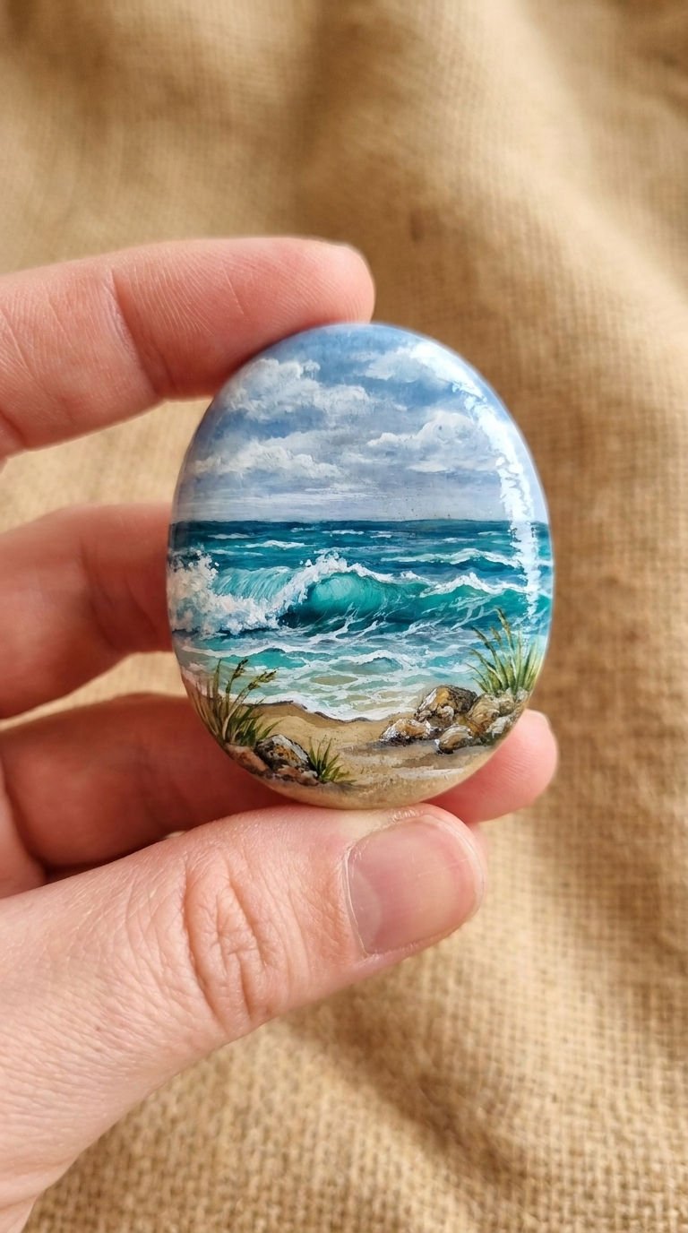 galet peint ocean vague miniature