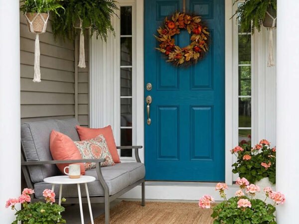 porche entree porte bleue fleurs