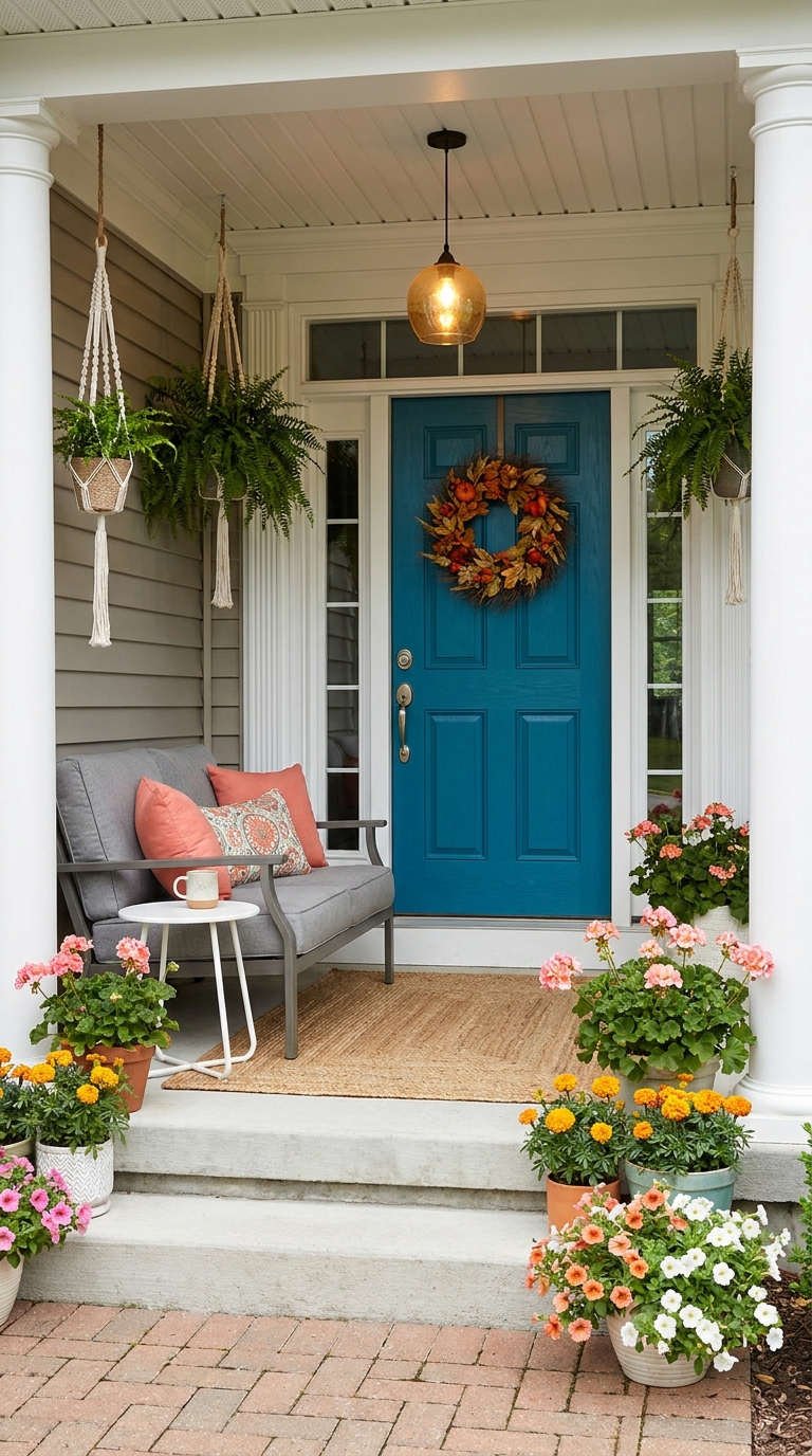 porche entree porte bleue fleurs