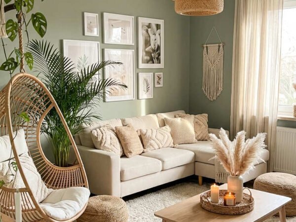 salon vert sauge rotin plantes