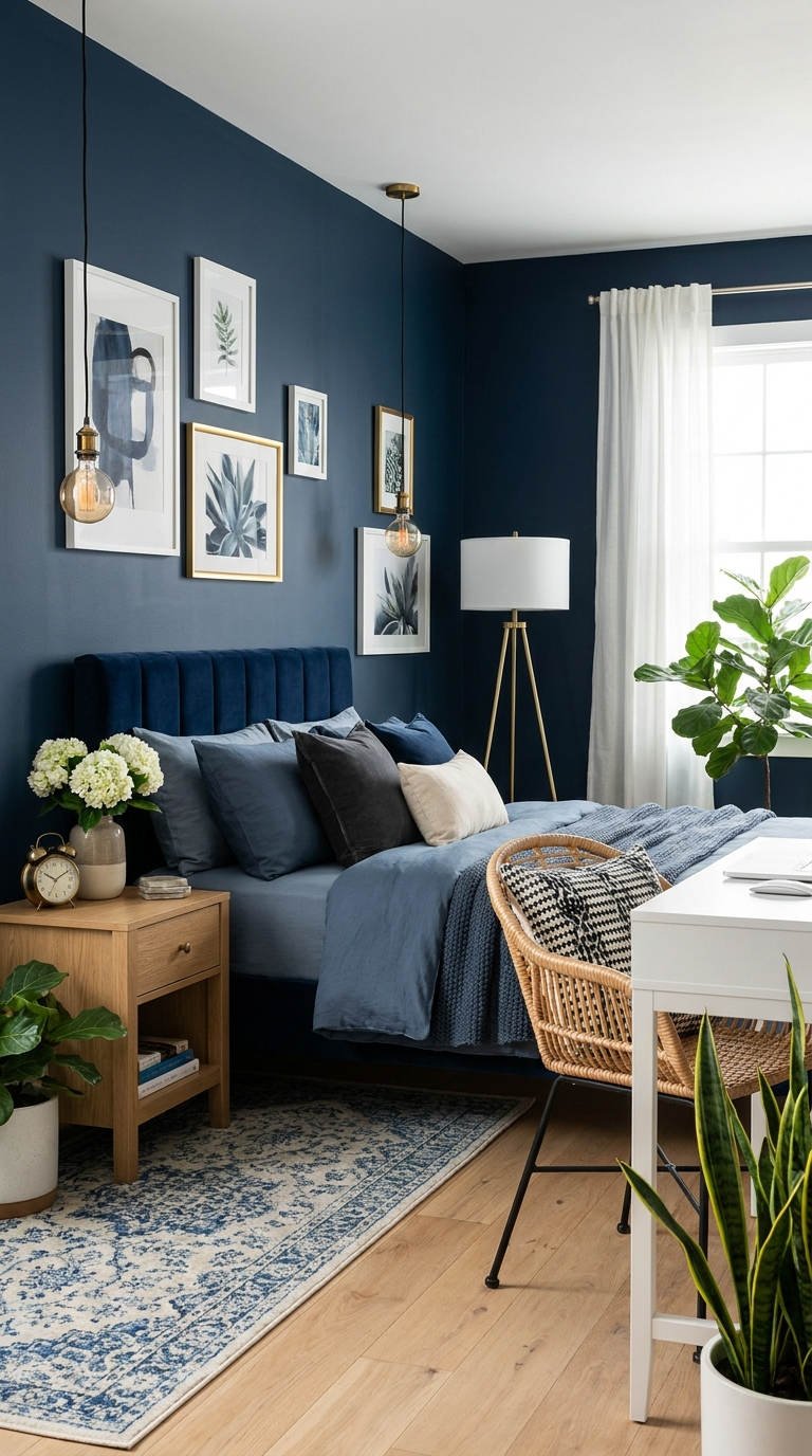 chambre bleue bureau rotin