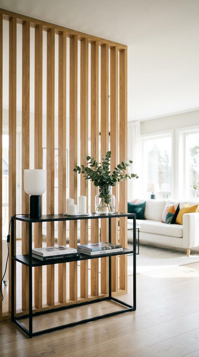 claustra bois console noire salon