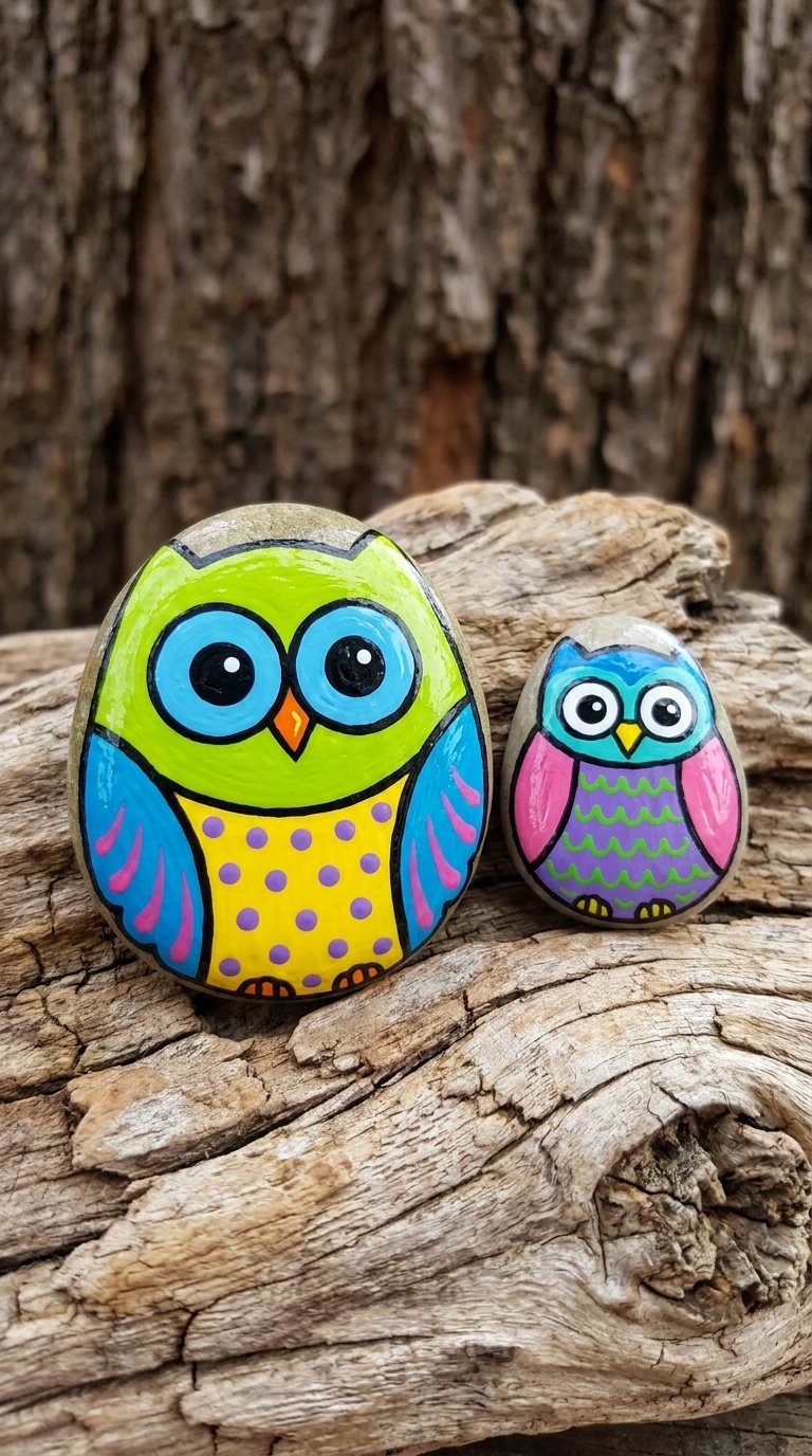 galets peints hiboux colores bois