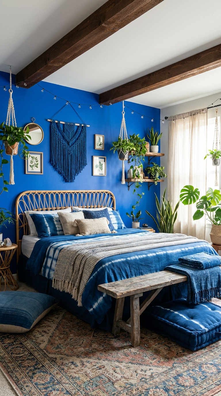 chambre bleu boheme plantes