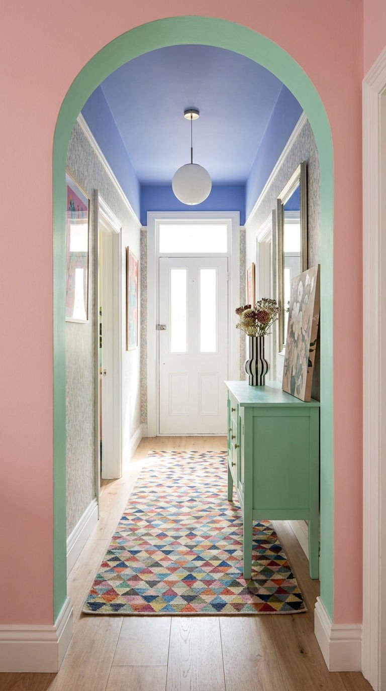 couloir pastel arche tapis geometrique