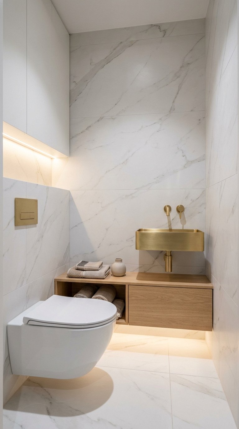 toilettes marbre blanc lavabo laiton
