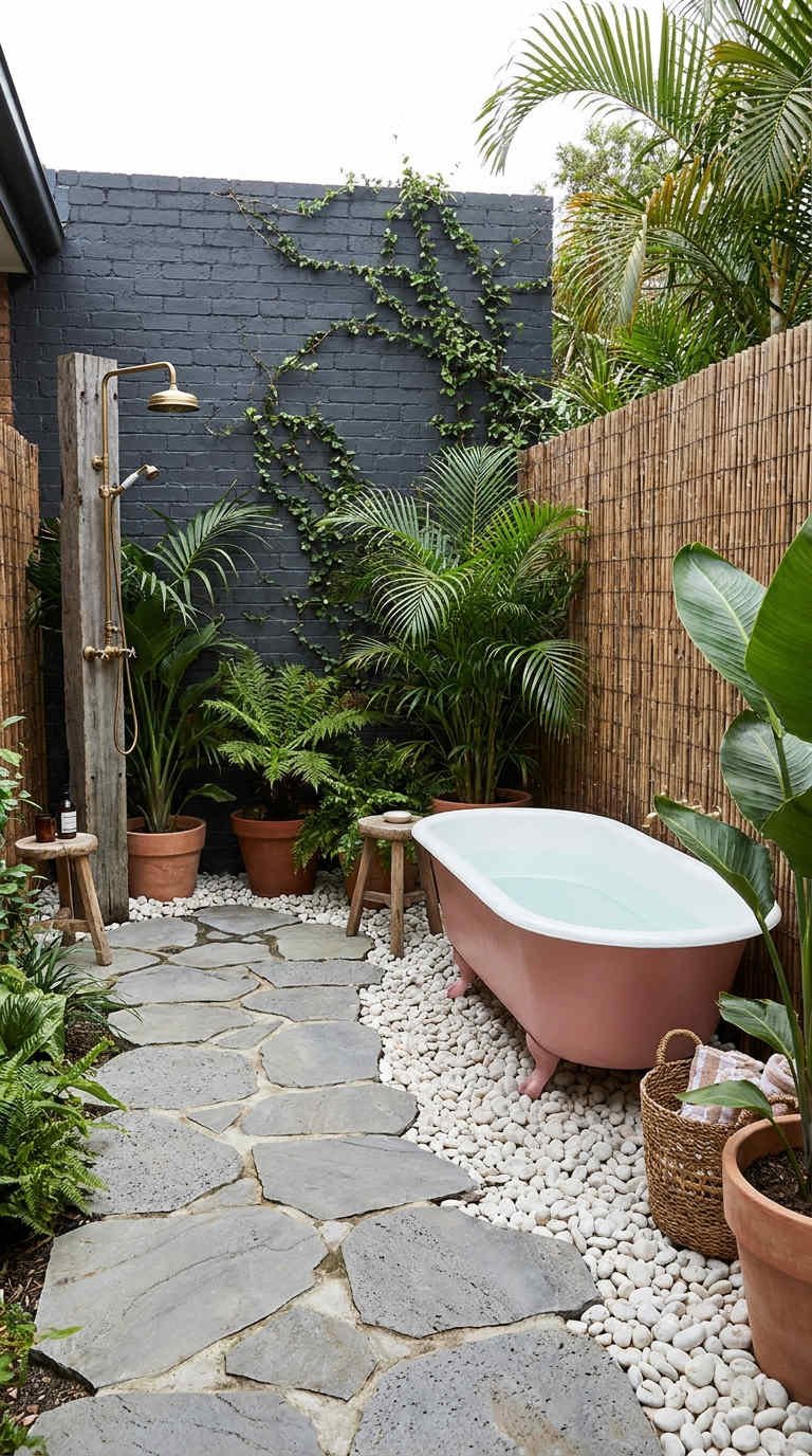 baignoire rose cour bambou