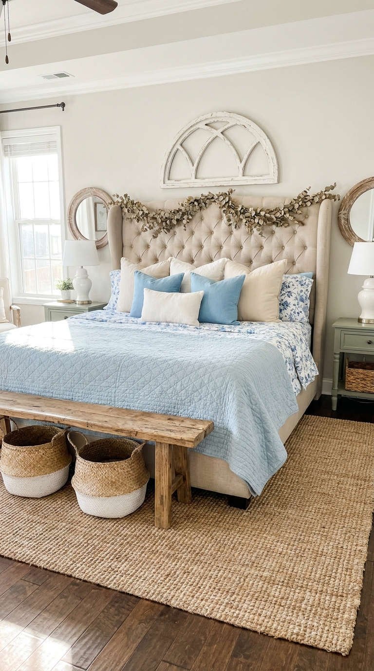 chambre campagne capitonnee couvre lit bleu