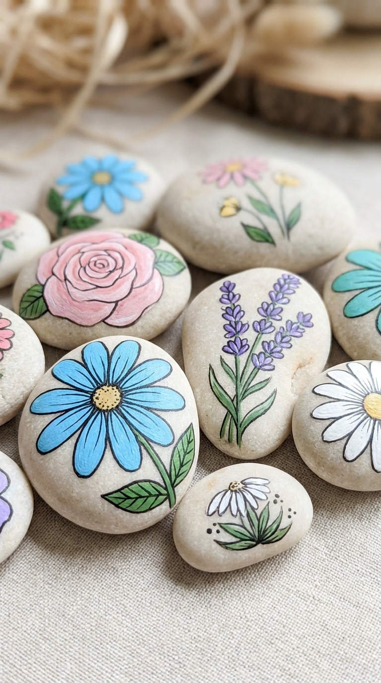 galets peints fleurs botaniques claires