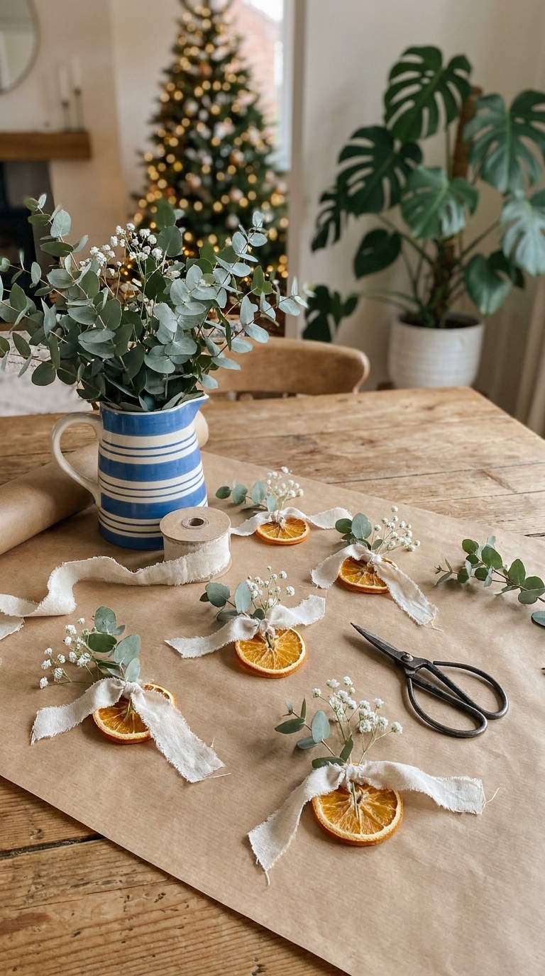 ornements orange eucalyptus ruban blanc