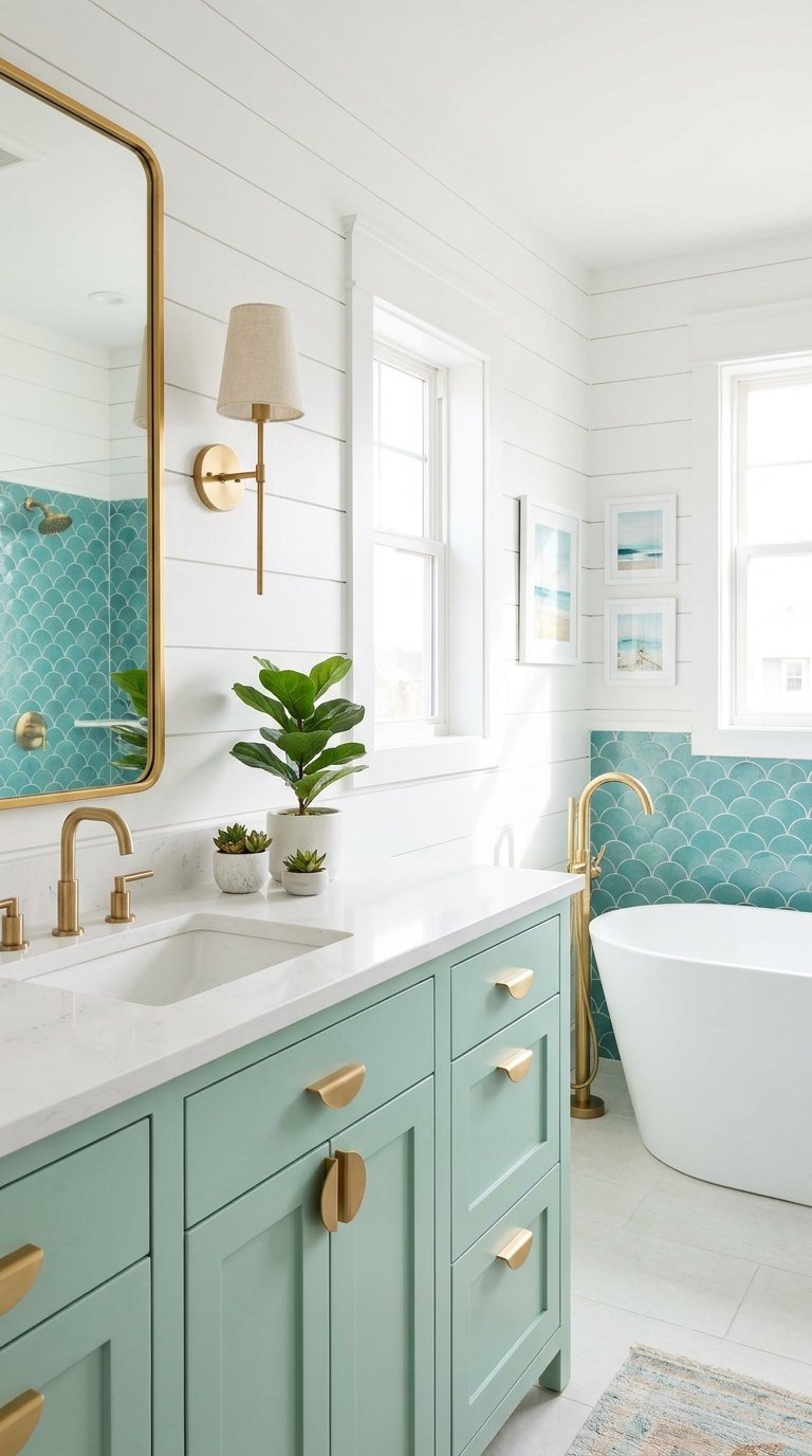 salle bain turquoise dore