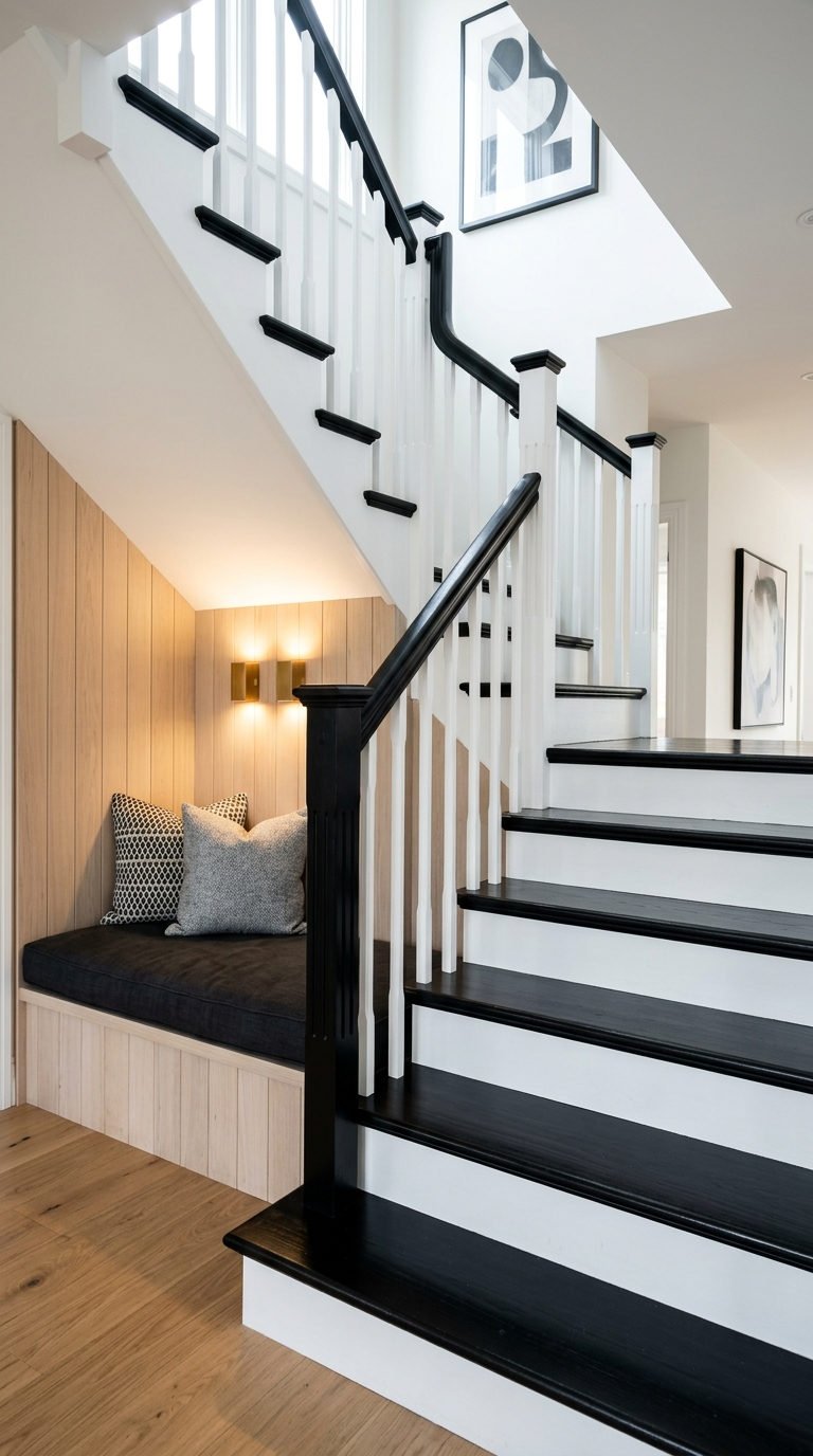 escalier bois noir banquette entree