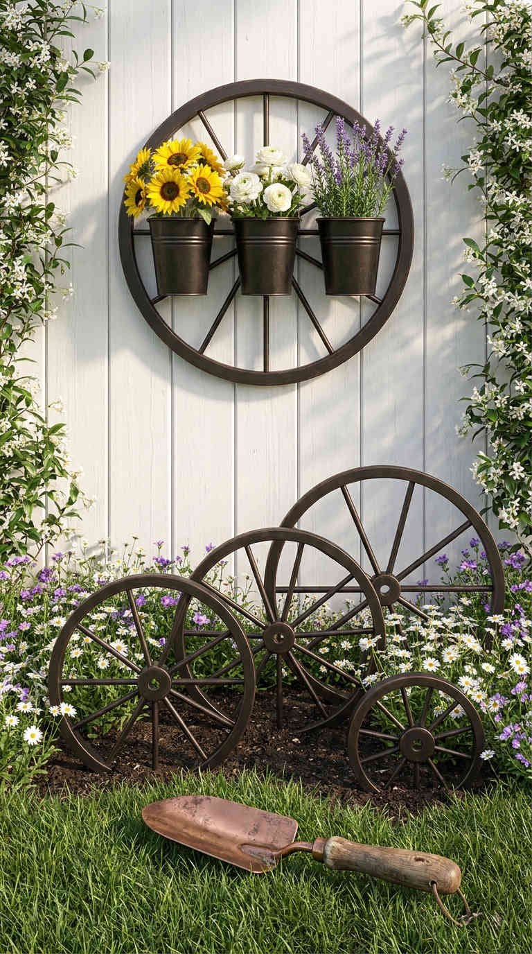 roues metal mur fleuri