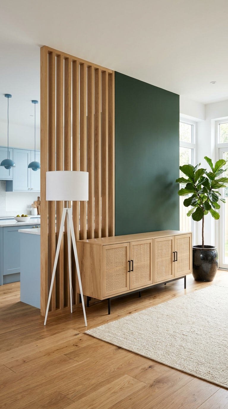 tasseaux bois mur vert buffet