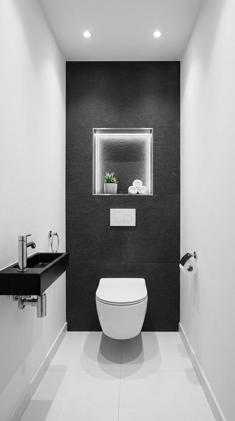 toilettes mur noir niche lumineuse