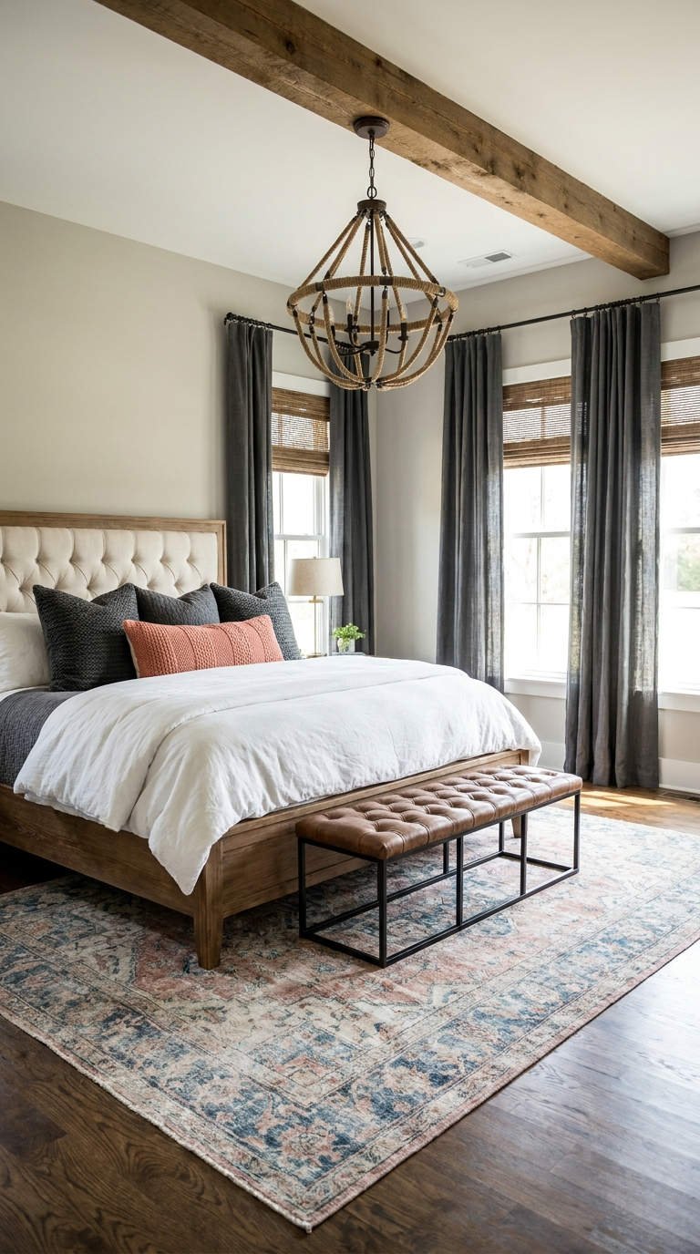chambre bois poutre banc cuir