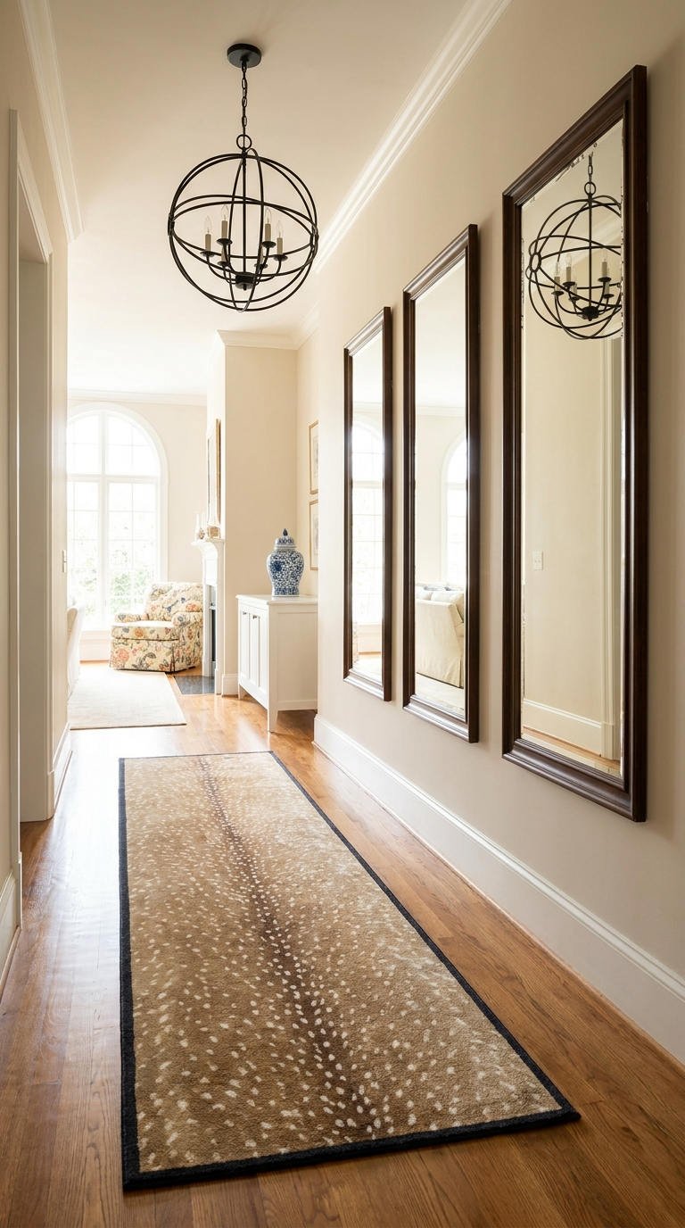 couloir miroirs alignes lustre noir