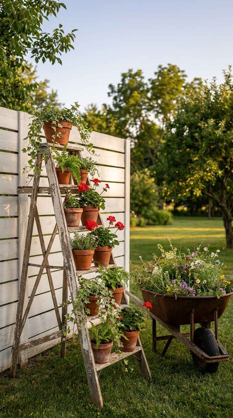 echelle jardin pots palissade