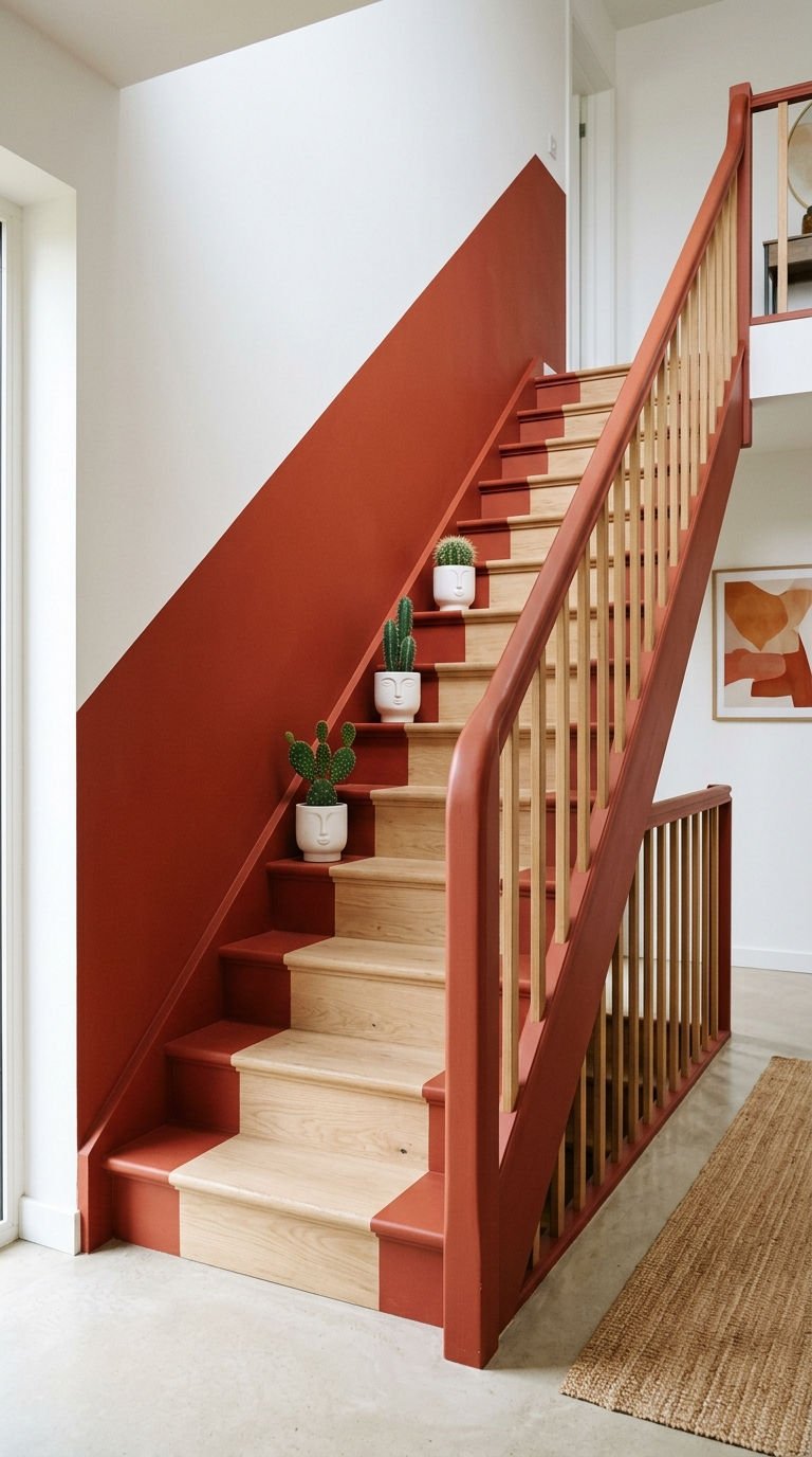 escalier bois terracotta color block