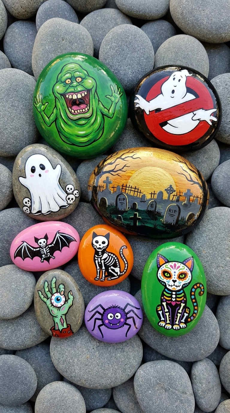 galets peints halloween fantomes creatures