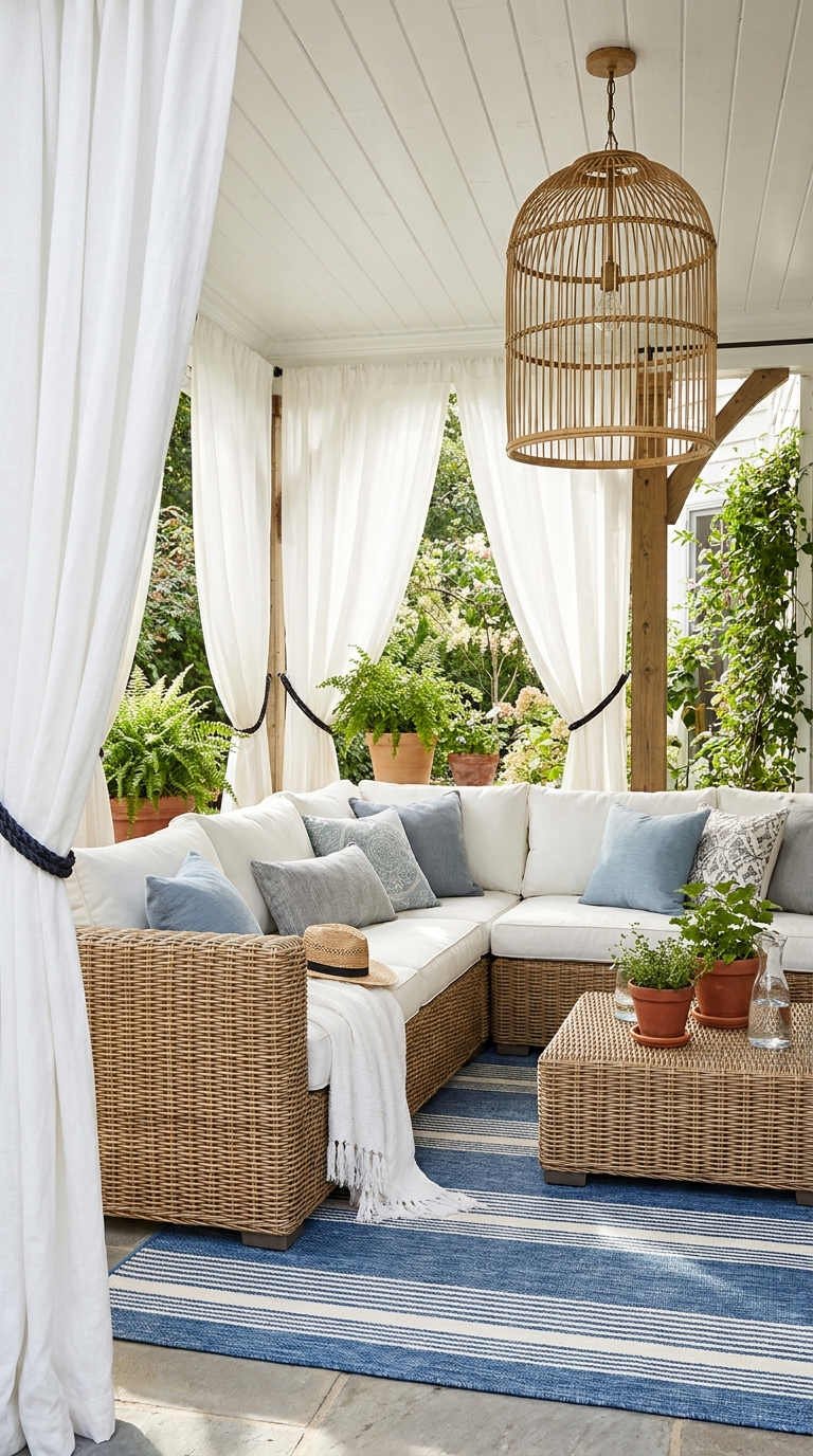 terrasse voilages rotin bleu