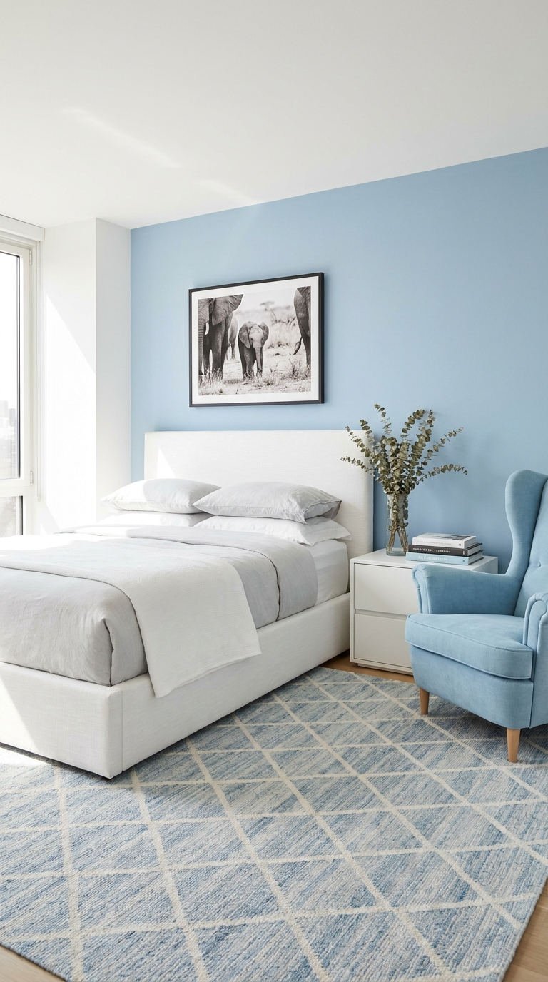 chambre bleu blanc lumineuse