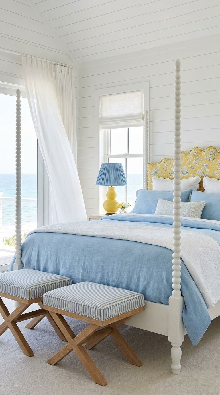 chambre lit colonnes bleu