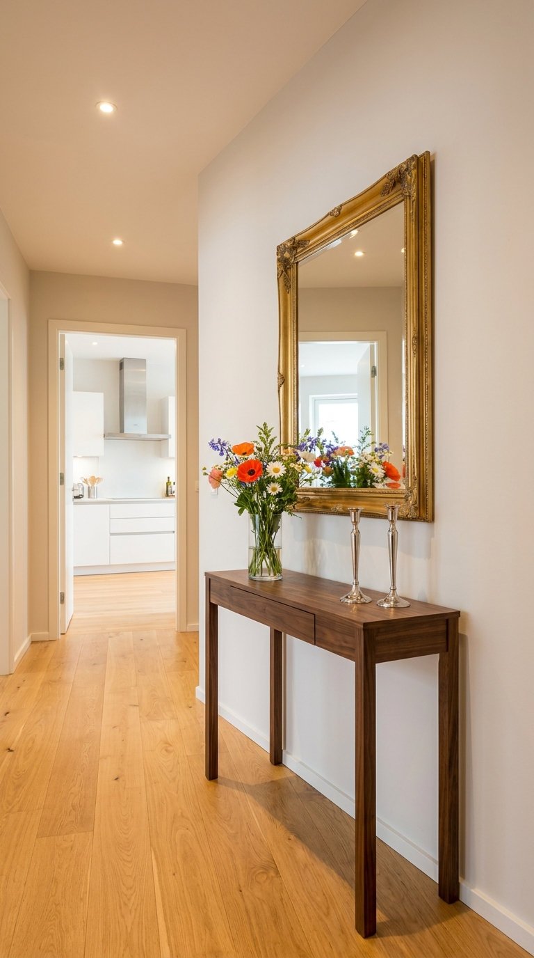 couloir console bois miroir fleurs