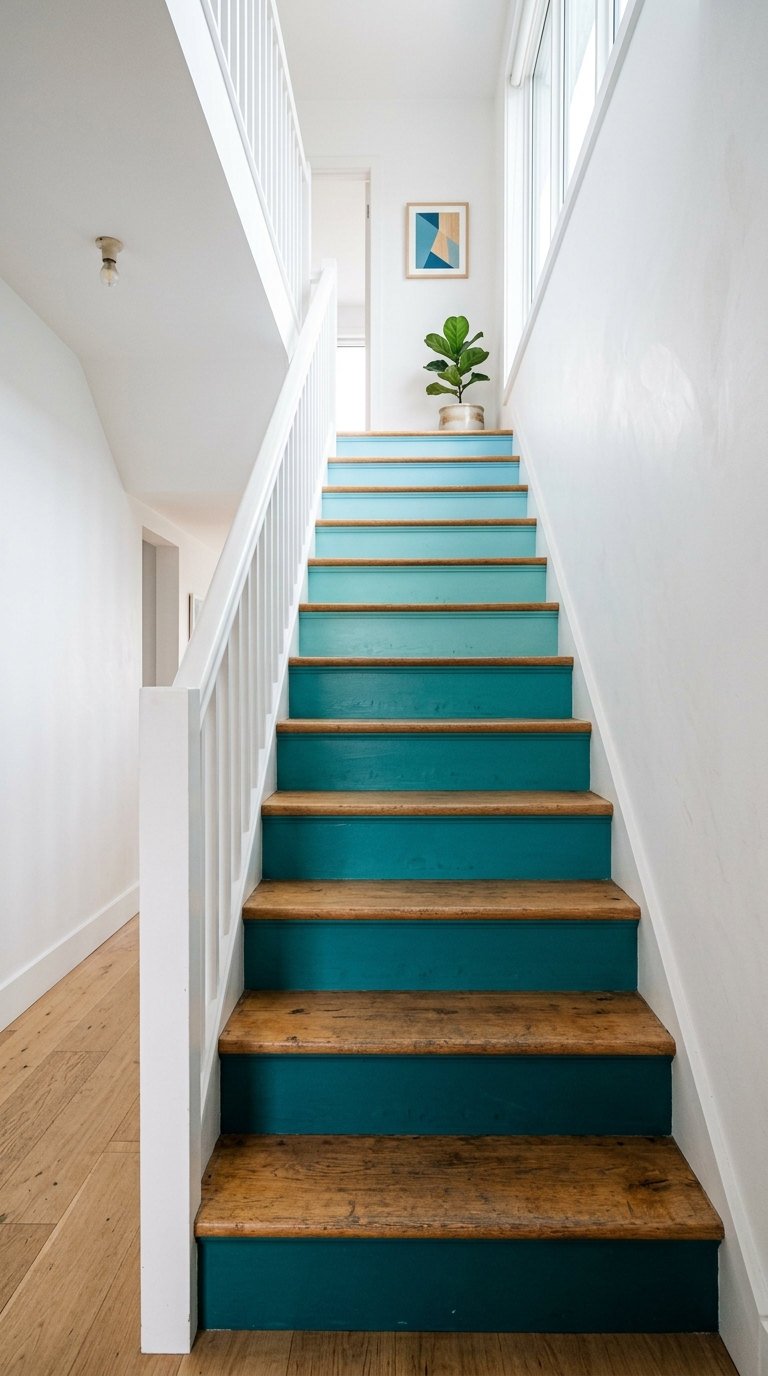 escalier bois turquoise degrade