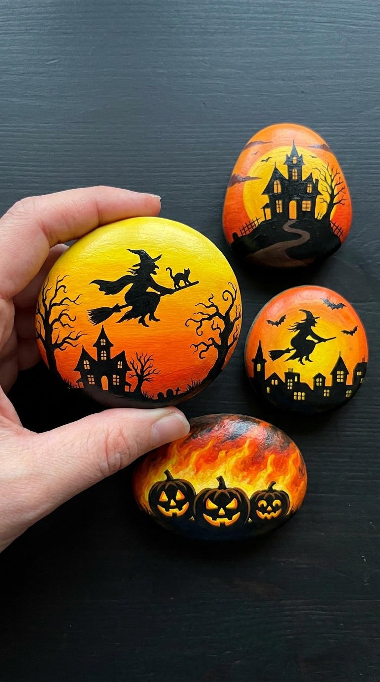 galets peints halloween sorciere citrouilles