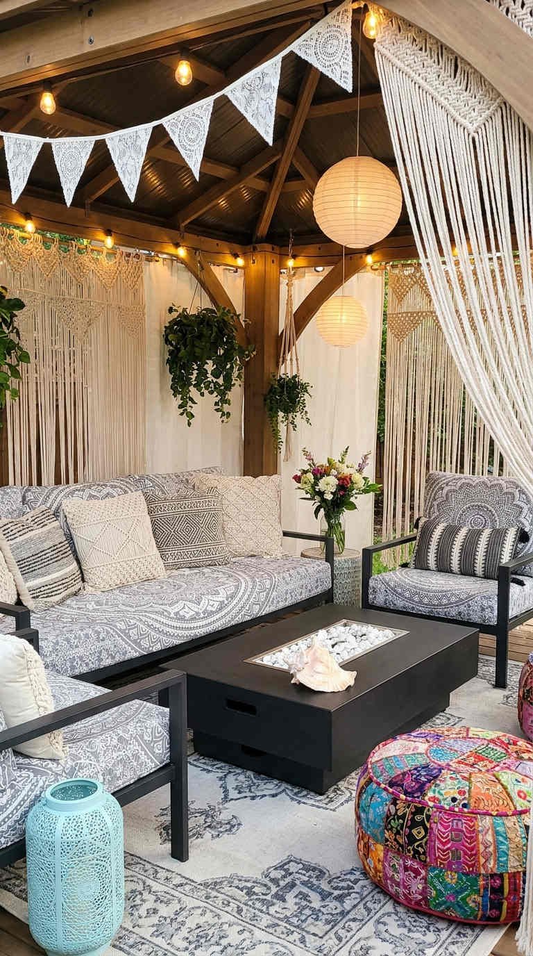 gazebo macrame lanternes pouf