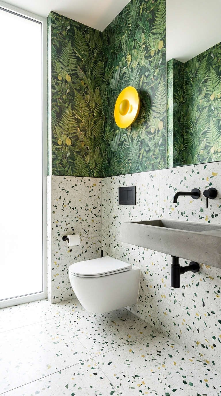 toilettes jungle terrazzo lampe jaune