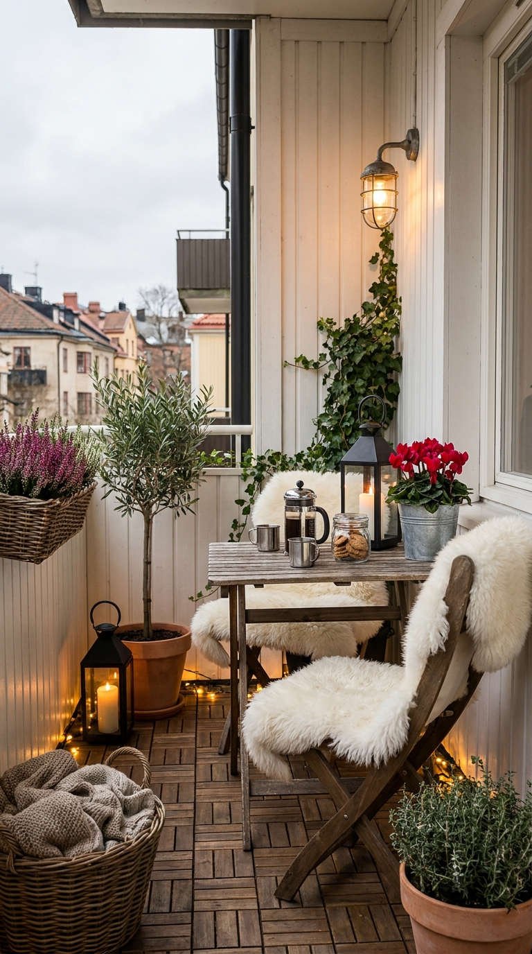 balcon hiver lanternes bois
