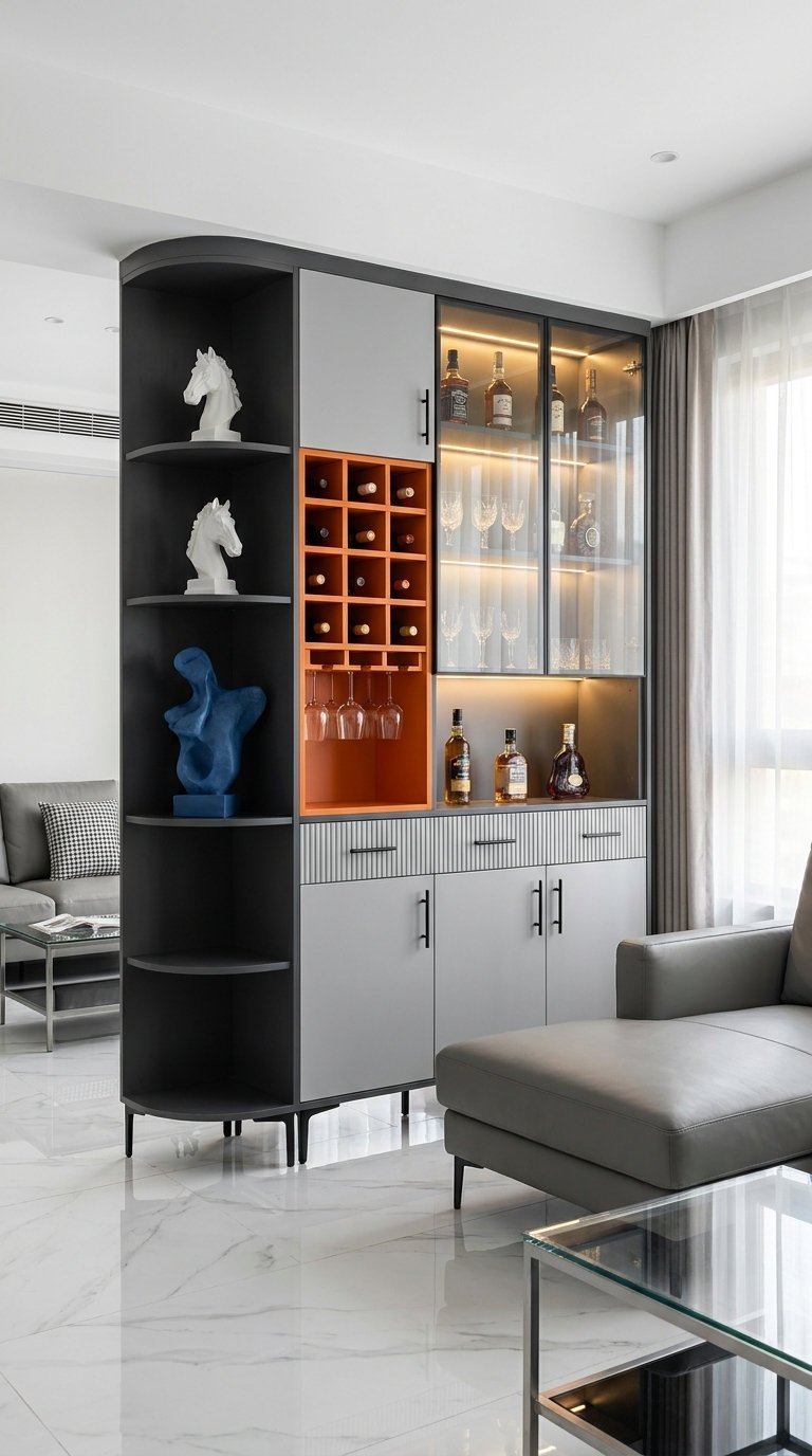 bar vitrine noir orange salon