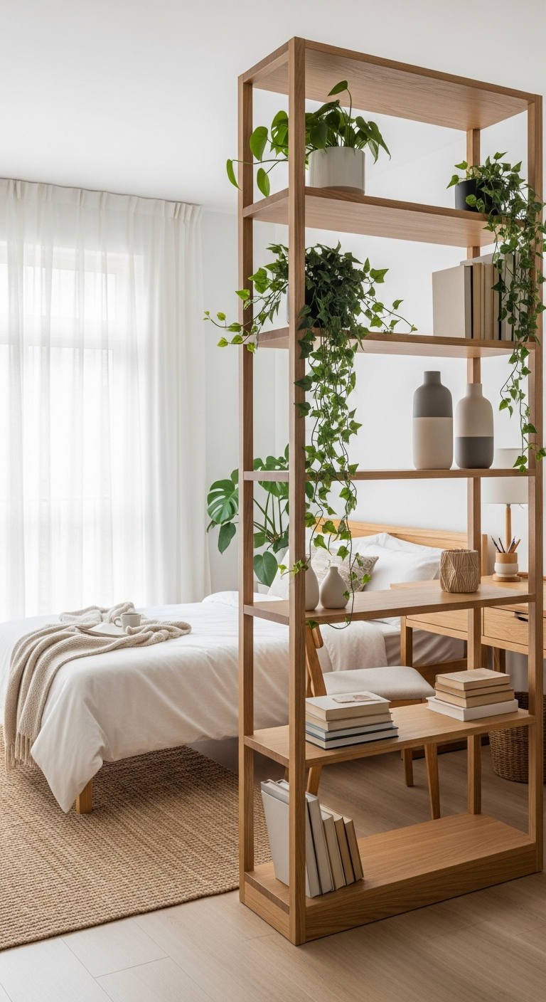 bibliotheque bois plantes chambre