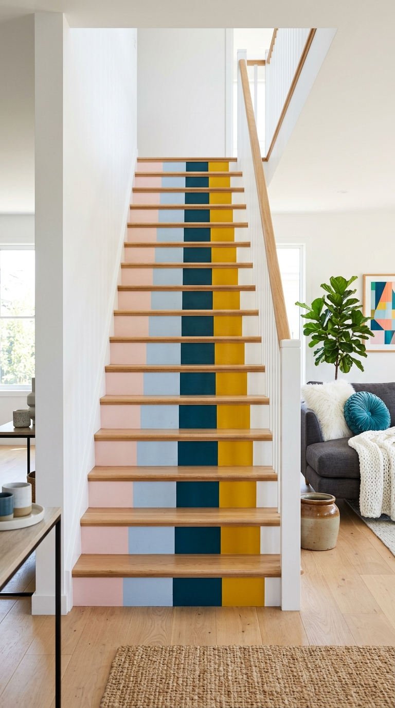 escalier bois bandes color block