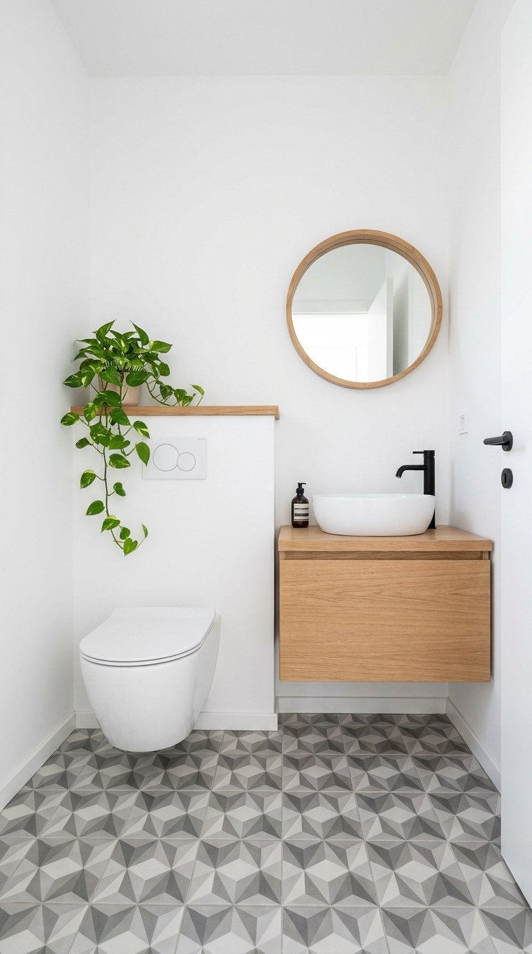 toilettes blanches sol geometrique bois