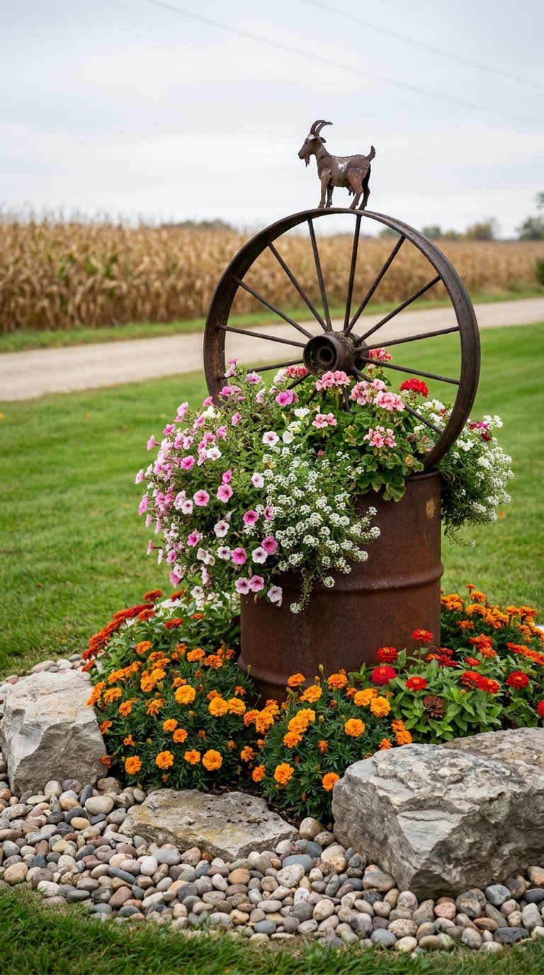 tonneau roue massif fleurs