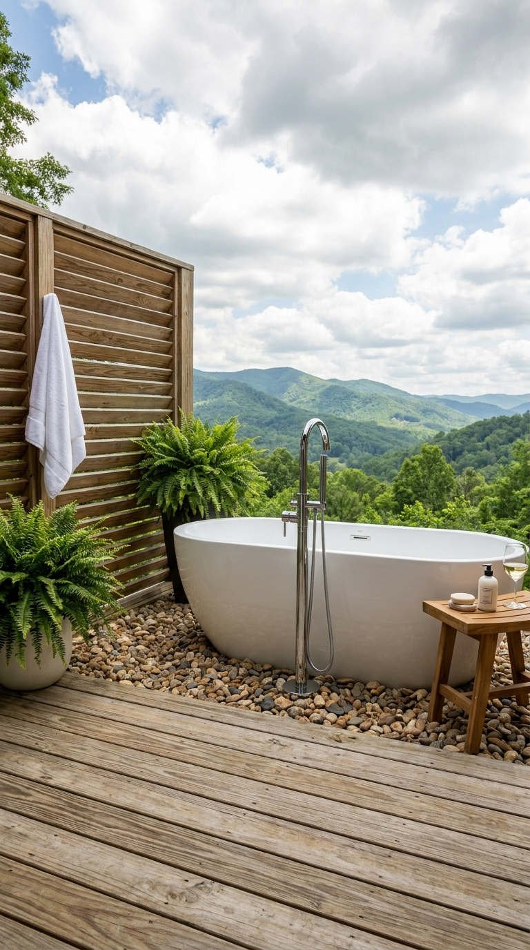baignoire terrasse montagnes galets