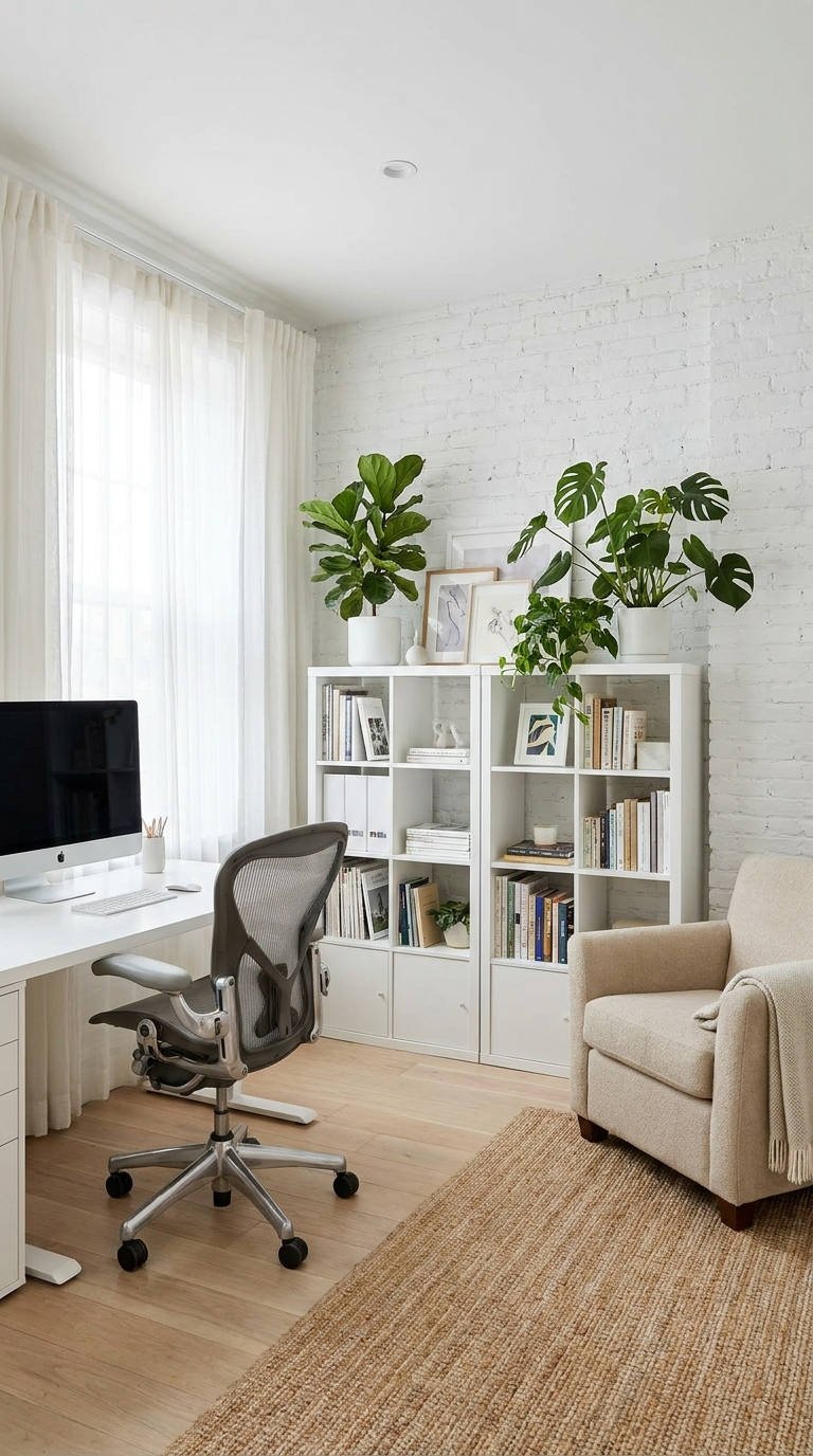 bureau blanc brique plantes