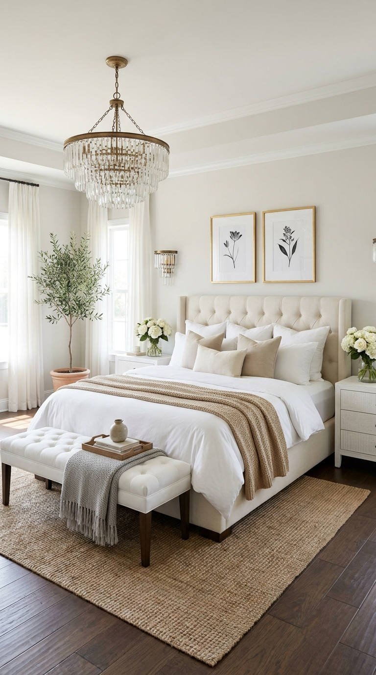 chambre blanche chandelier jute capitonne