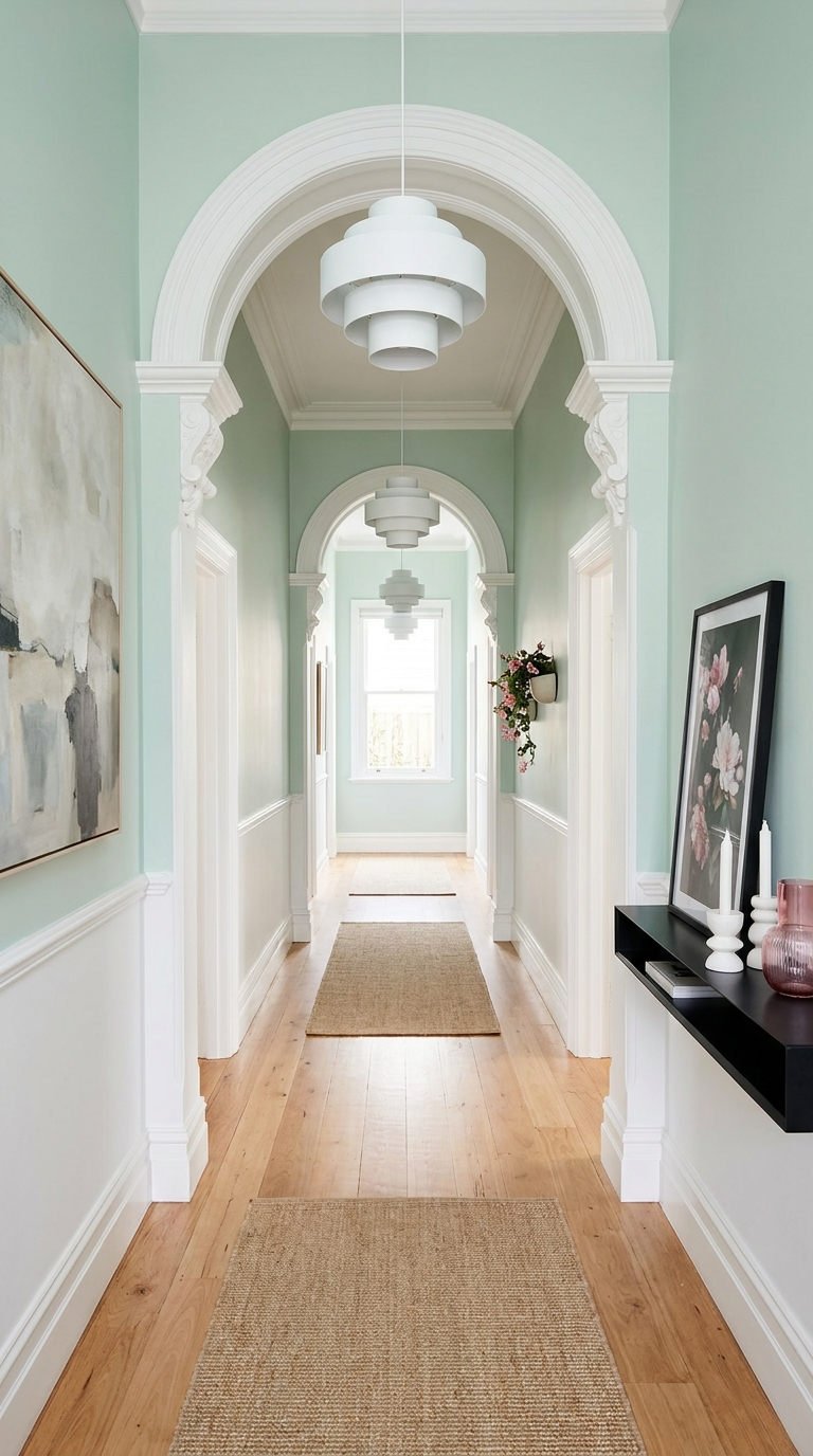 couloir arches menthe suspensions blanches