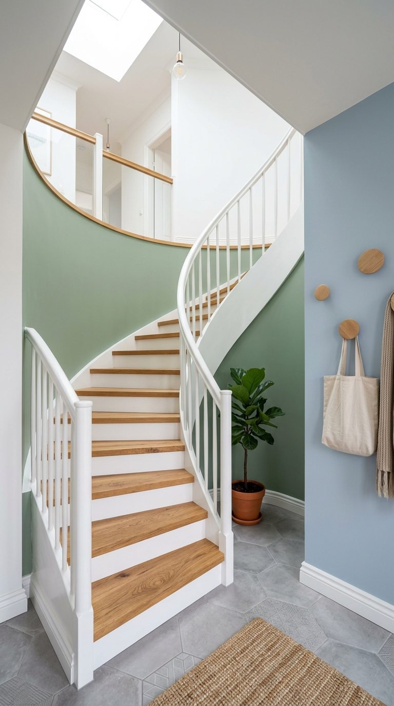escalier bois vert sauge courbe
