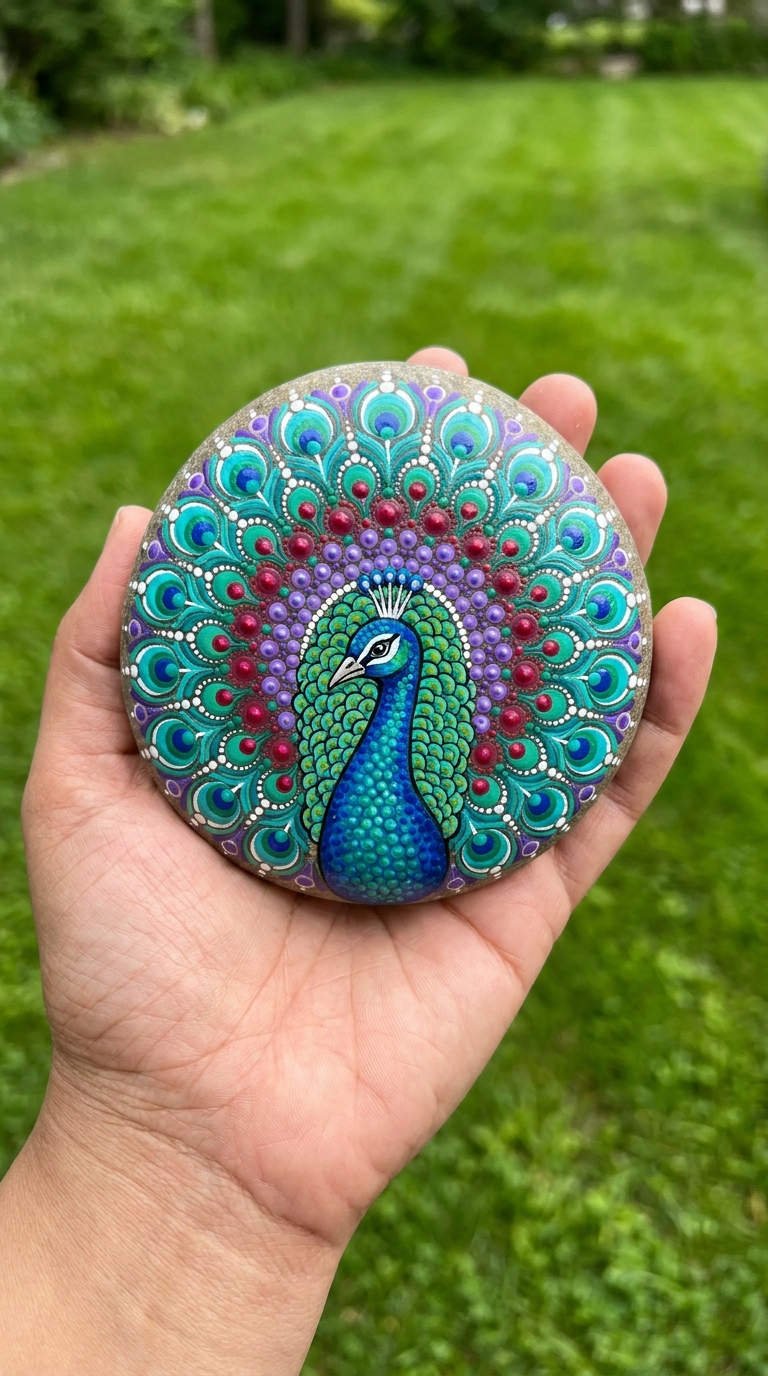 galet peint paon mandala bijou