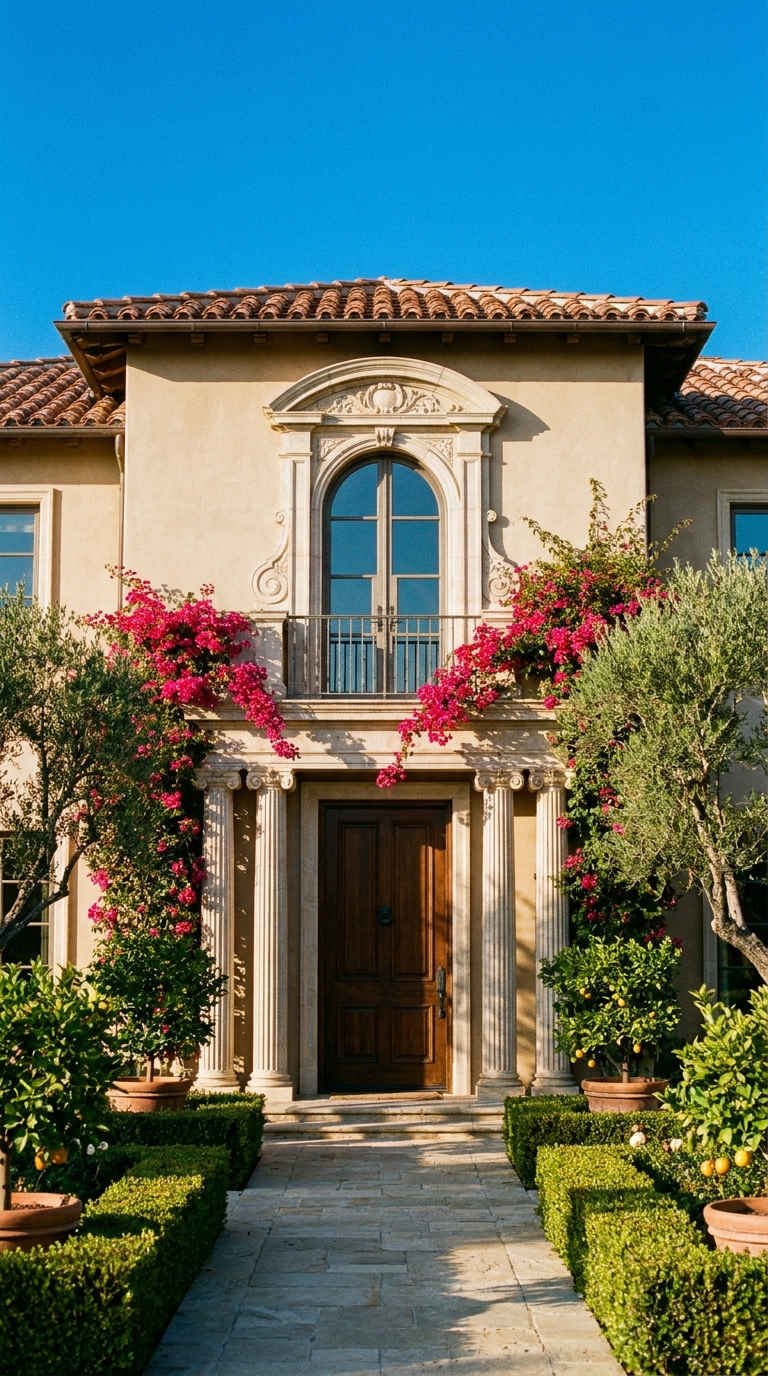 perron fleuri colonnes bougainvilliers