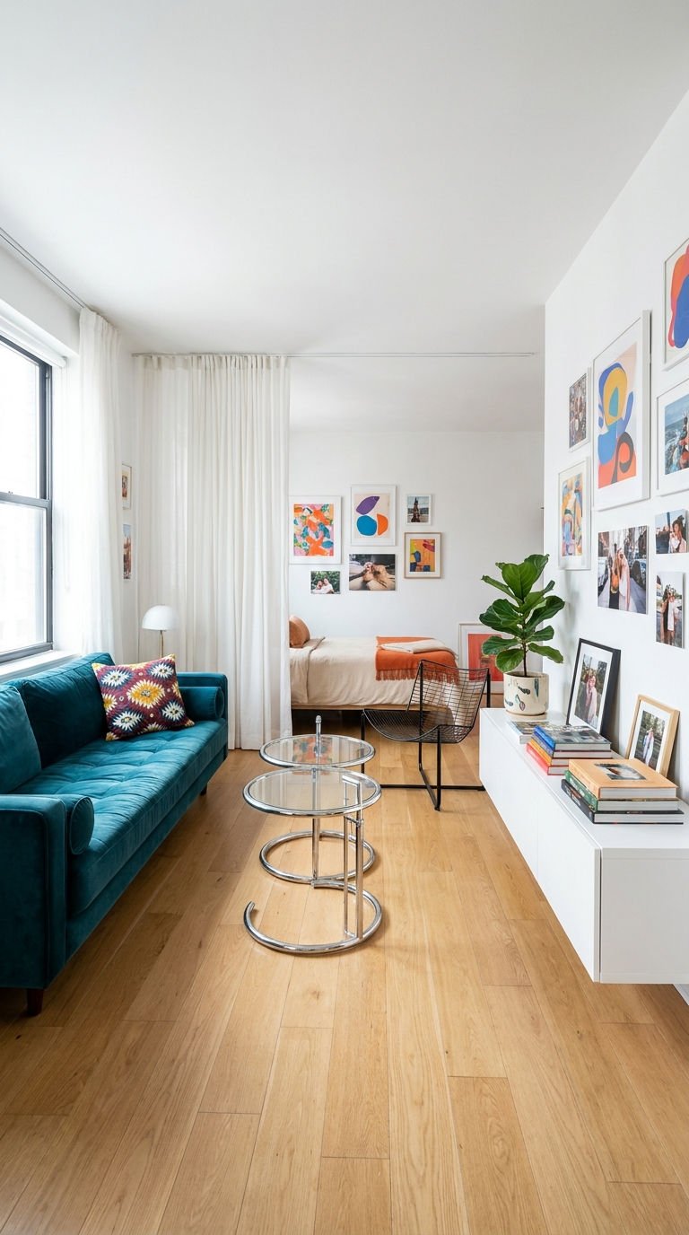 rideau chambre canape bleu studio