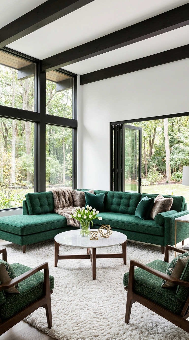 salon emeraude fenetres noires