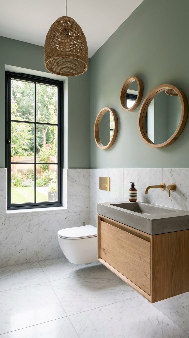 toilettes vert sauge marbre bois