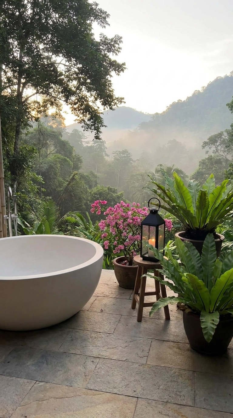 baignoire jungle brume lanterne