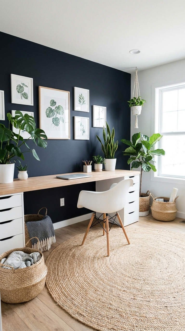 bureau mur noir plantes